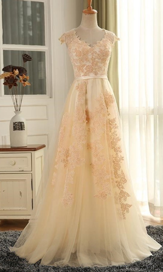 A-line V-neck Tulle Floor-length Prom Dress,appliques Lace Cap Straps Original Prom Dresses