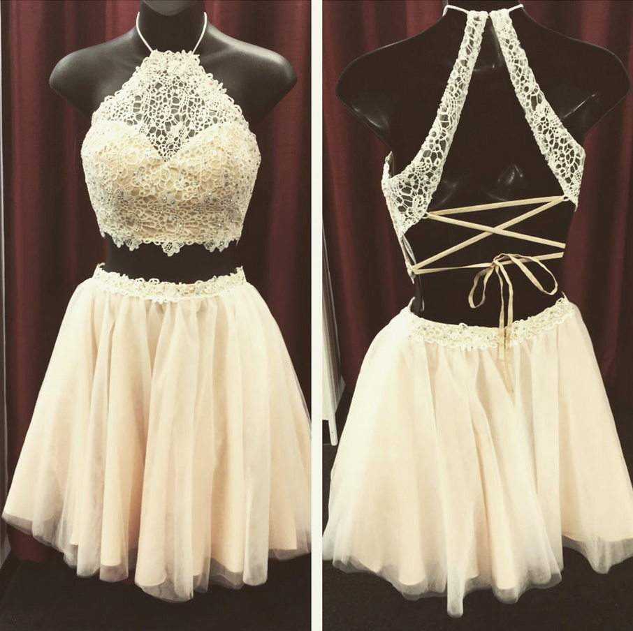 High Quality Homecoming Dress,lace Homecoming Dress,halter Graduation Dress,two Pieces Satin Prom Dress
