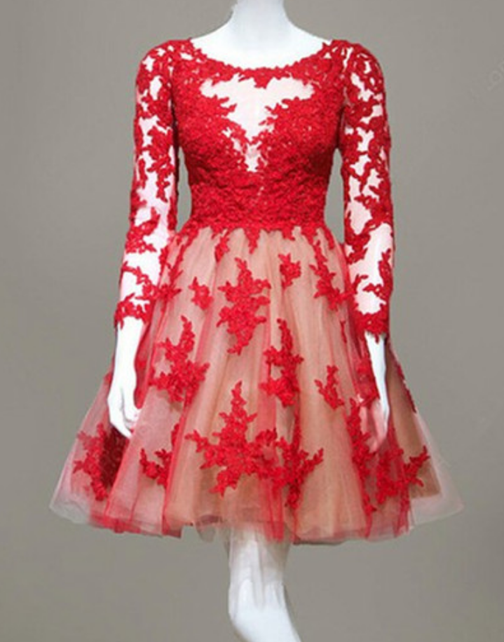 Red Lace Homecoming Dress,Long Sleeve Homecoming Dresses