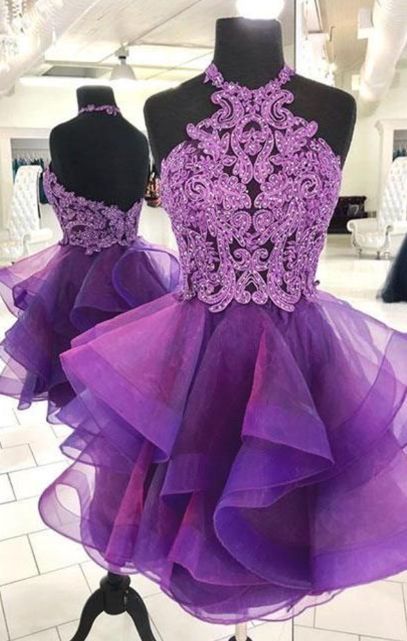 Cute Purple Tulle Lace Short Prom Dress, Purple Homecoming Dress
