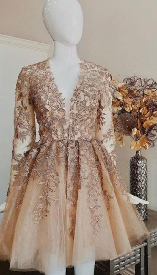 Champagne V Neck Lace Tulle Short Prom Dress, Champagne Homecoming Dress