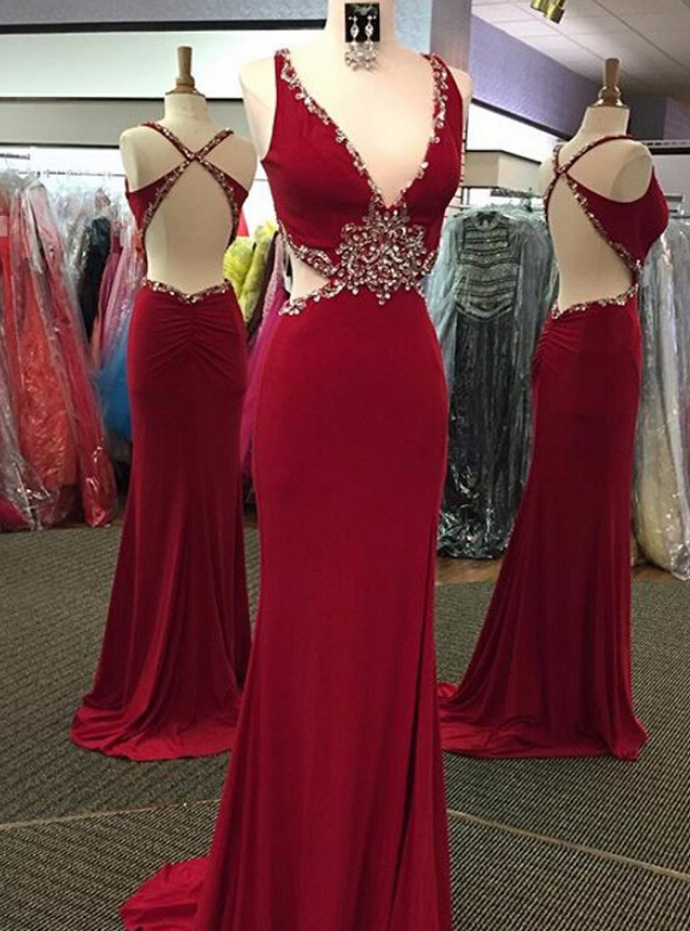 Sexy Prom Dresses,red Prom Dress,chiffon Backless Evening Gown,long Formal Dress,beaded Prom Gowns,open Backs Night Club Dresses