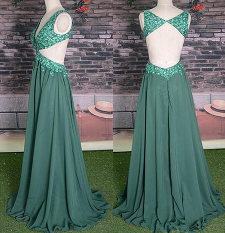 Backless Prom Dresses,open Back Prom Dress, Beaded Prm Dress,geeen P[rom Dress ,chiffon Prom Dress ,straps Prom Gown,sparkly Prom Gowns,elegant