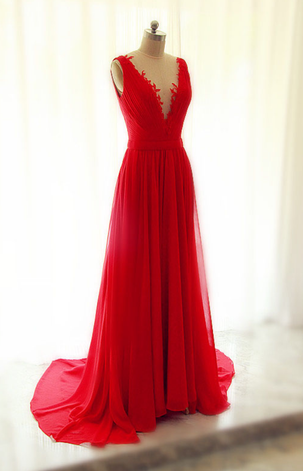 Beautiful Red Chiffon Long V-neckline Handmade Evening Gowns With See Through Tulle, Red Party Dresses, Prom Gowns