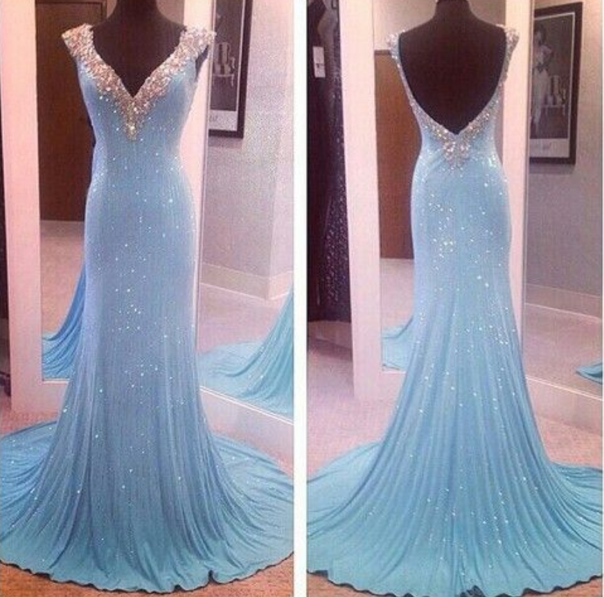 Light Blue Prom Dresses,sequin Evening Dress,sequined Prom Gowns,open Back Prom Gown,beautiful Formal Gown,v Neck Evening Dress,beaded Prom