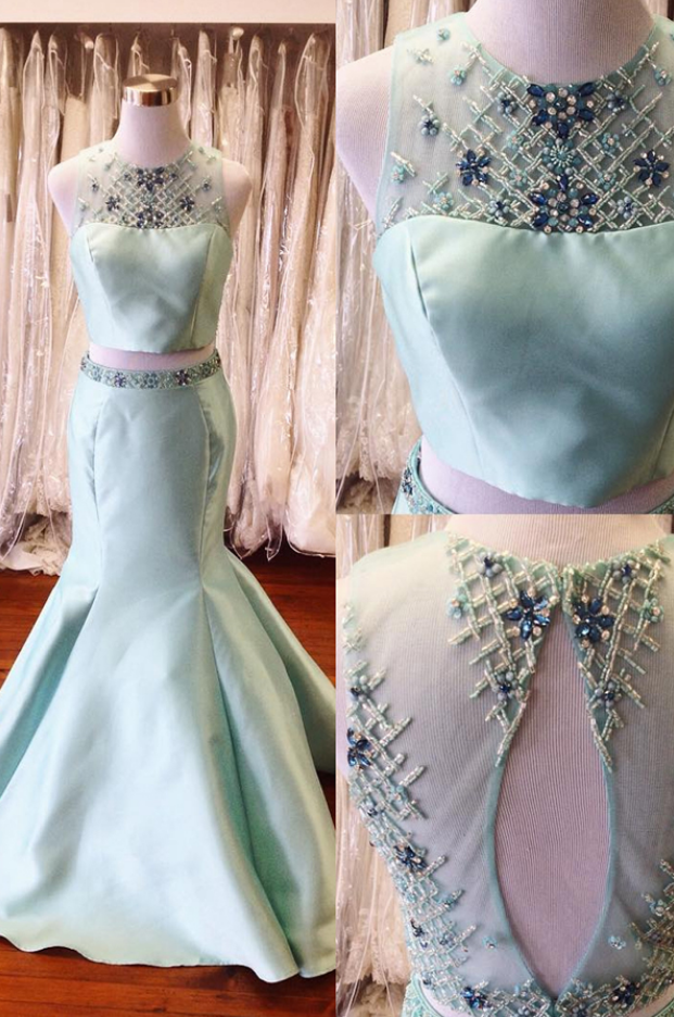 Two Pieces Long Mermaid Satin Prom Dresses For Teens,handmade Mint Backless Prom Gowns,charming Evening Dresses,formal Party Dresses,cute