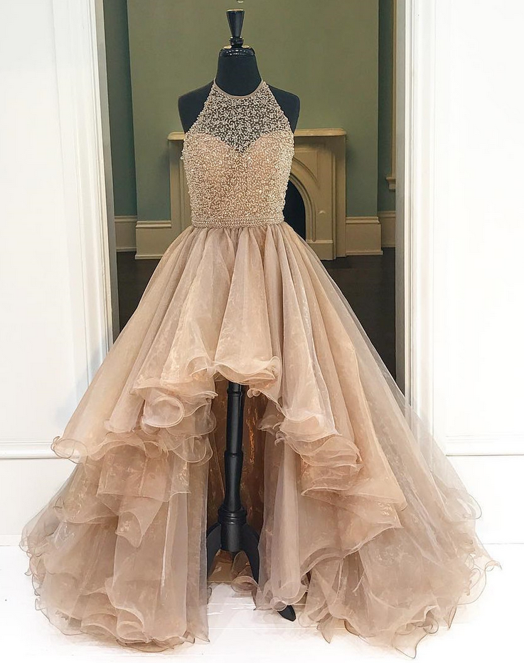 Prom Gownprom Gown,champagne High Low Tulle Prom Dress Featuring Halter Neck Bodice, Party Dresses 2016,long Prom Gown,sparkly Open Backs Prom
