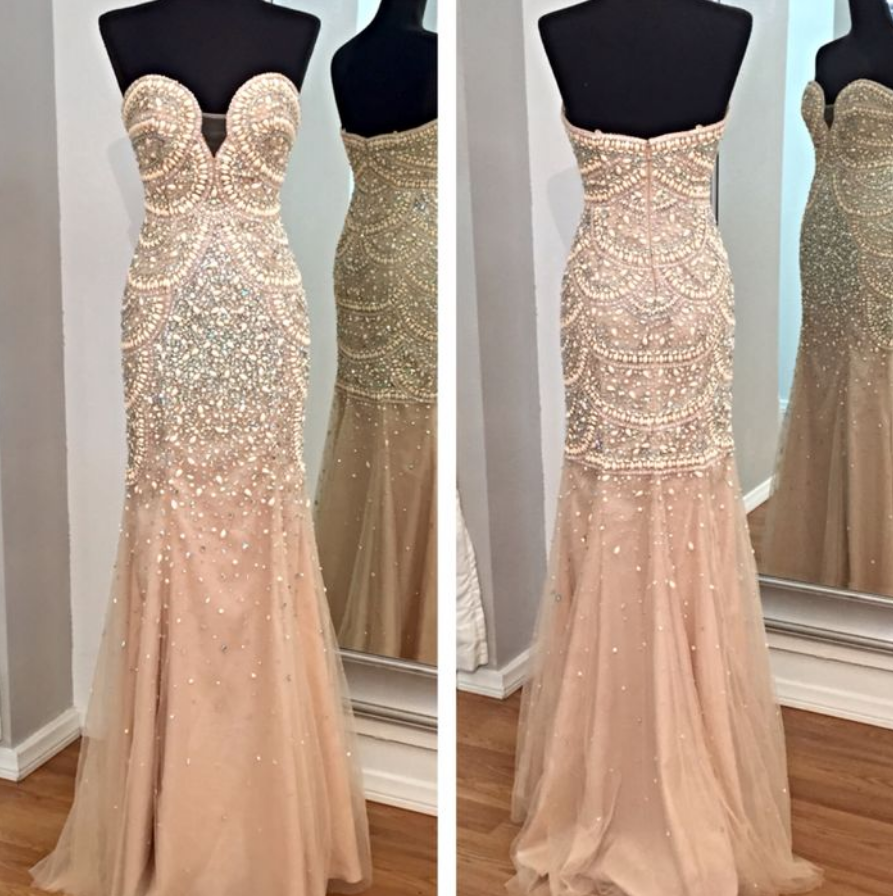 Prom Gown,champagne Prom Dresses,mermaid Prom Gowns,tulle Prom Dresses,beading Prom Dresses,mermaid Prom Gown,2016 Prom Dress,evening Gonw With