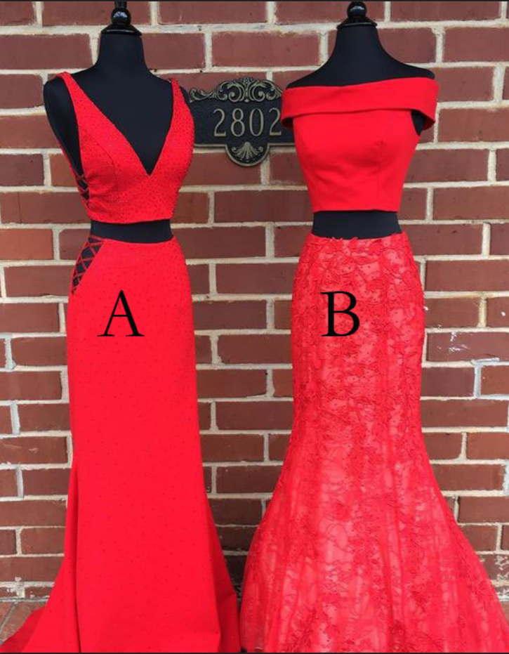 Off The Shoulder A/b Two Piece Red Prom Dresses,