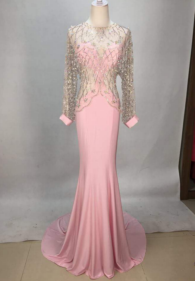 Evening Dresses,prom Dress ,long Prom Dress ,lace Prom Dress O Neck Prom Dress,v Back Prom Dress ,party Dresssexy Pink Long Sleeve Beaded