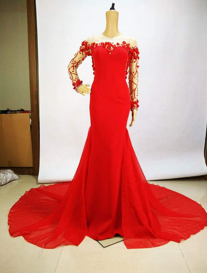 Evening Dresses,prom Dress ,long Prom Dress ,lace Prom Dress O Neck Prom Dress,v Back Prom Dress ,party Dress Sexy Red Long Sleeve Beaded