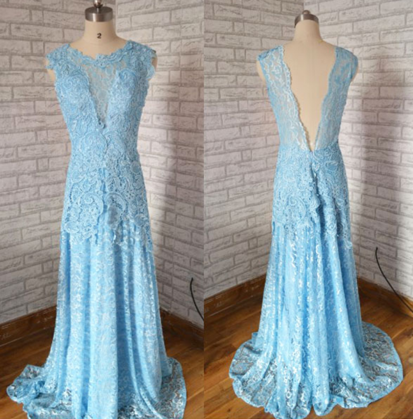 Fashion Cap Sleeves Backless Blue Lace Mermaid Prom Dress,long Elegant Princess Prom Dress.fashion Lace Evenng Dress