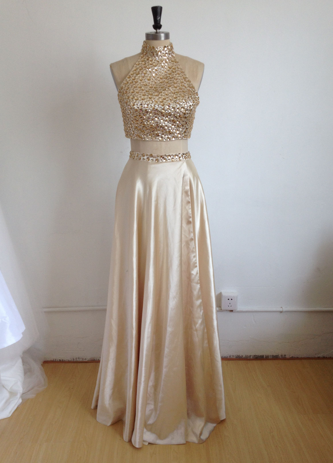Prom Dresses, Two Pieces Prom Dresses, 2 Piece Prom Dresses, 2017 Prom Dresses, Gold Evening Dresses, Beaded Prom Gowns, Prom Dresses With