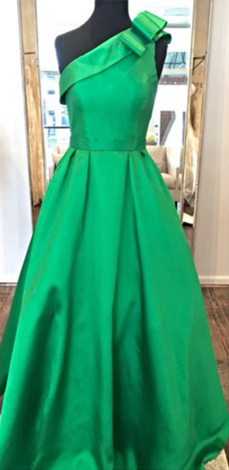 Prom Dresses, Prom Dresses With Bow, Satin Prom Dresses, One Shoulder Prom Dresses, Green Prom Dresses, Long Prom Dresses, 2017 Prom Dresses,