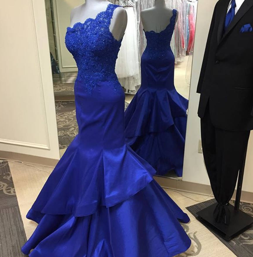 Prom Dresses, Sexy Mermaid Prom Dress, Royal Blue Prom Dresses, Prom Dress With Ruffles, Lace Prom Dresses Long, One Shoulder Prom Dress, 2017