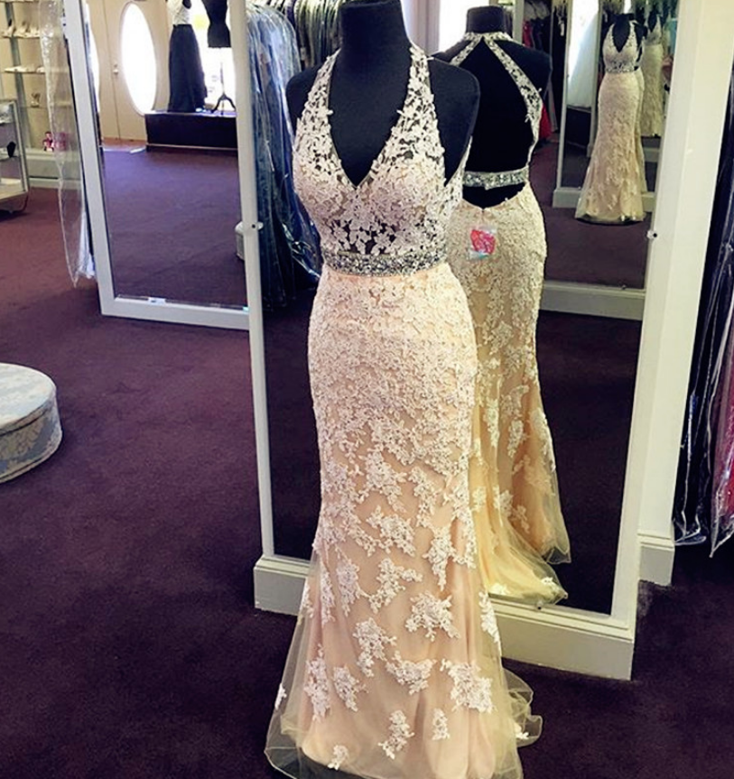 Prom Dresses,halter Prom Gowns,long Prom Dresses,champagne Prom Dress,backless Prom Dress,lace Prom Dresses,lace Mermaid Prom Gowns, 2017