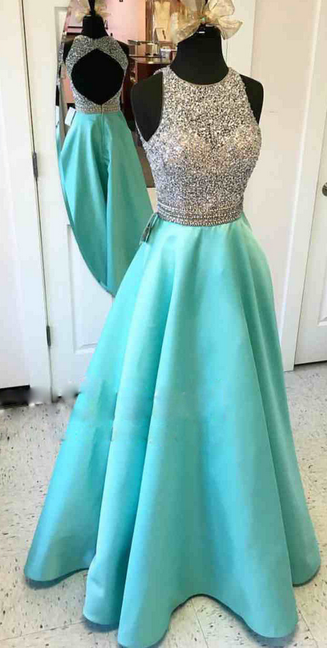 Prom Dresses,scoop Prom Gowns,long Satin Prom Dresses,turquoise Prom Dress,prom Dresses With Beadings,open Back Prom Dress, 2017