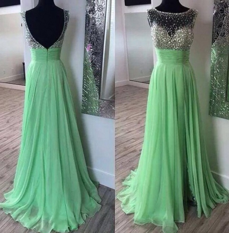  Prom Dresses,Scoop Prom Gowns,Long Chiffon Prom Dresses,Mint Prom Dress,Sexy Prom Dresses with Beadings,2017