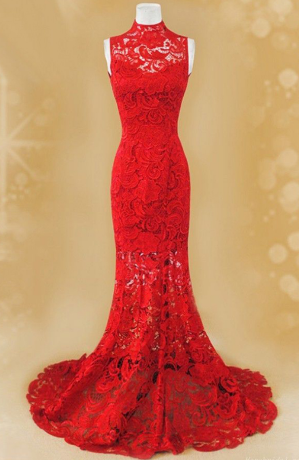 Red Lace Prom Dress, Mermaid Prom Dress, High Neck Prom Dress, Prom Dress, Fashion Party Dress,prom Dresses
