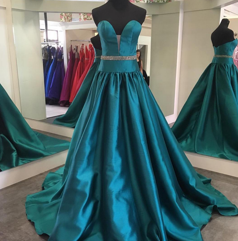 Sweetheart Satin Evening Dress, Long Formal Dress With Beaded Waist,beading Prom Dress, Stain Long Prom Dresses