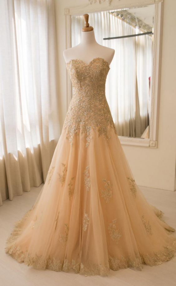 Strapless Champagne Wedding Dress,appliques Evening Dresses,tulle Wedding Dresses