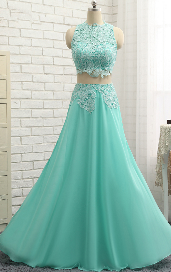 A-line High Collar Chiffon Evening Dress,lace Two Pieces Long Prom Gown, Evening Dresses, Evening Gown