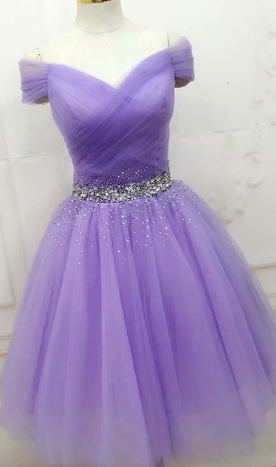 Cute V Neck Lavender Elastic Satin Short Homecoming Dresses with Appliques VK240902201