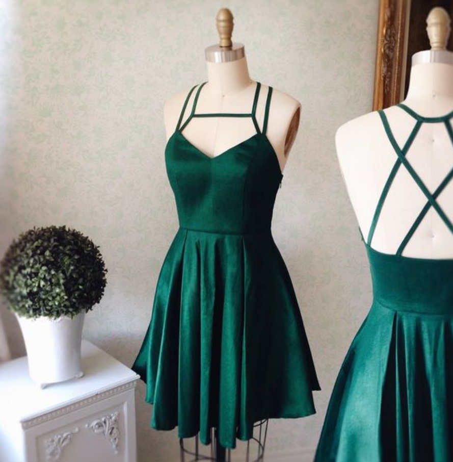 Forest Green Satin Plunge V Strappy Short Ruffled Skater Homecoming Dress Featuring Open Back