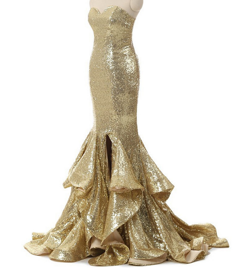 Gold Prom Dress,sequins Prom Dress,mermaid Evening Dress,mermaid Prom Dress,ruffles Prom Dress,long Prom Dresses 2017