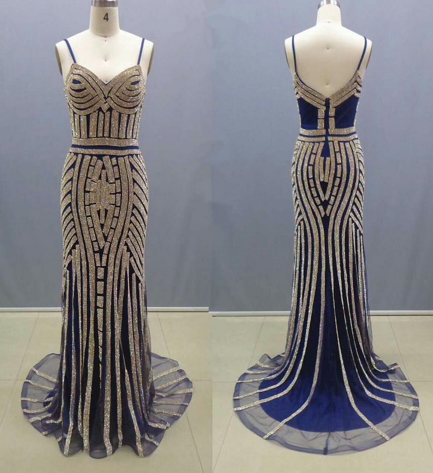 Sexy V Neck Long Tulle Navy Blue Mermaid Prom Dresses With Gold Beading ...