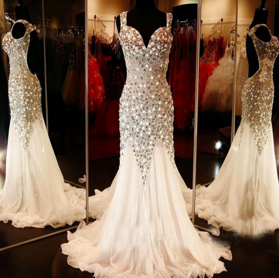 Prom Dresses,glamorous V-neck Tulle Evening Dress Beadings Crystals Sweep Train Prom Dress