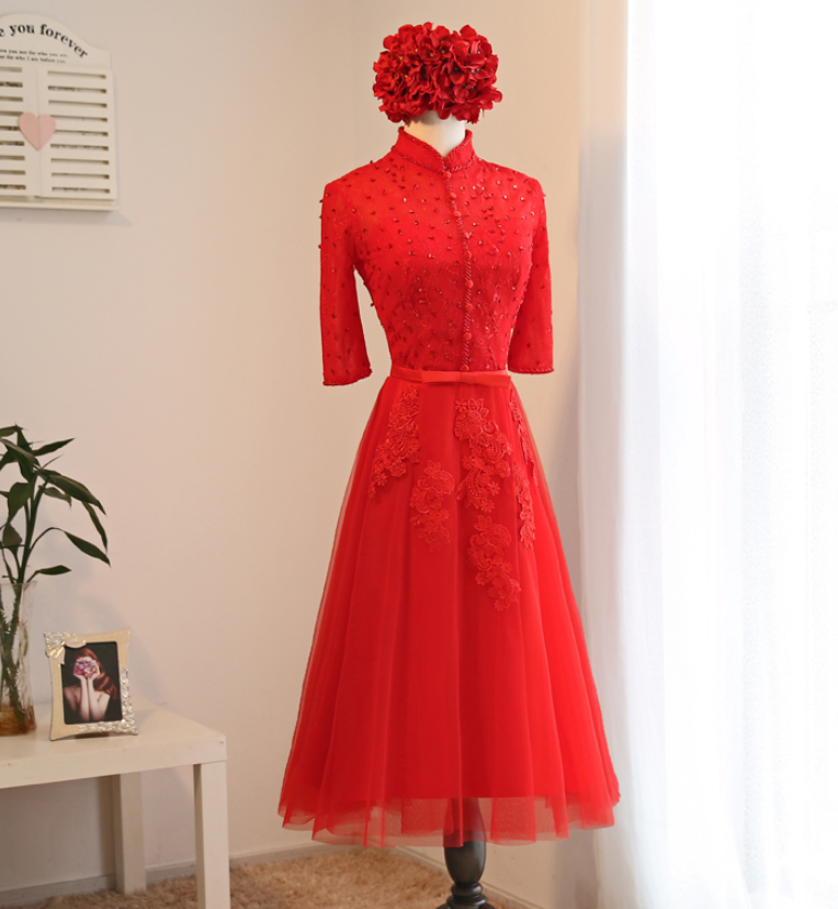 Red Beaded Prom Dress,middle Sleeve Prom Dress,illusion Prom Dress,fashion Bridesmaids Dress,sexy Party Dress, 2017 Evening Dress
