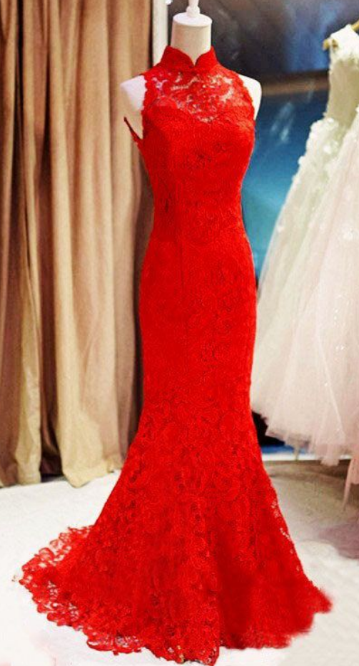 Modest Prom Dress,lace Prom Dress ,long Mermaid Prom Dresses,red Evening Dress,sexy Evening Dresses