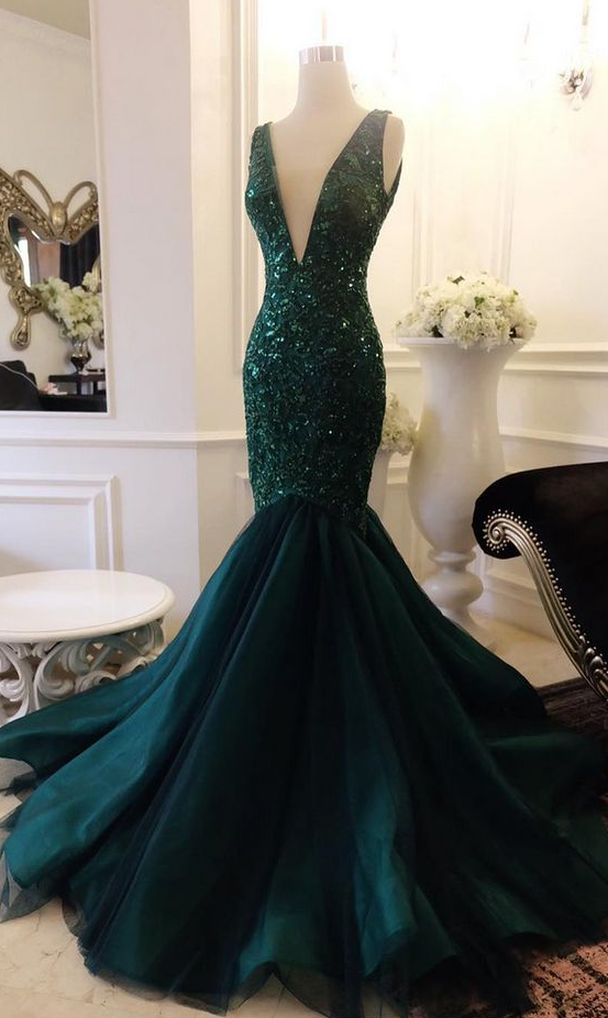 Mermaid V Neck Green Sequin Appliques Long Prom Evening Dresses VK23111803