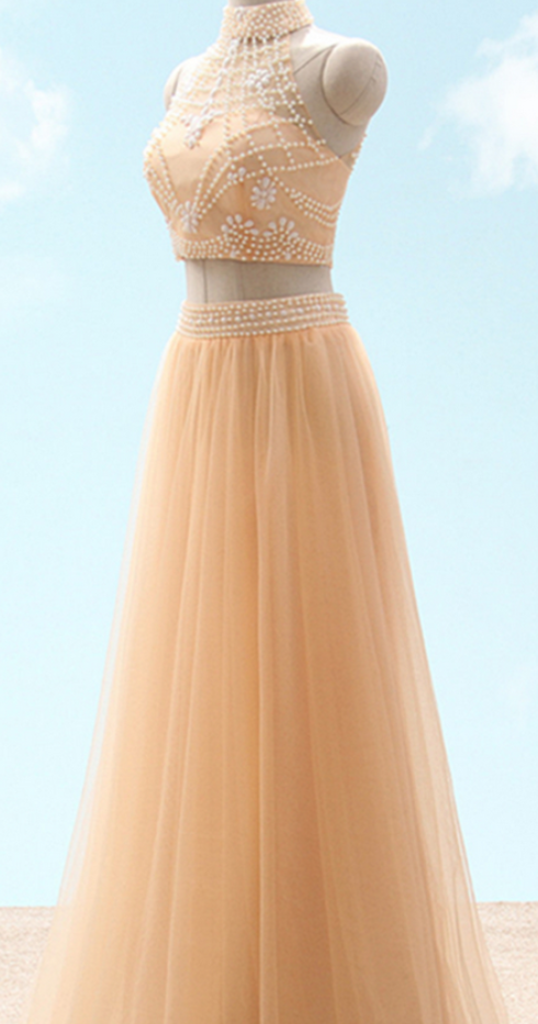 Beaded Embellished Tulle Two-piece Formal Dress Featuring High Halter Crop Top And Floor Length A-line Skirt