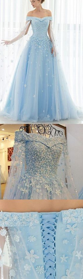 Princess Prom Evening Dresses Long Light Blue Dresses With Lace Up Applique Sweep Train