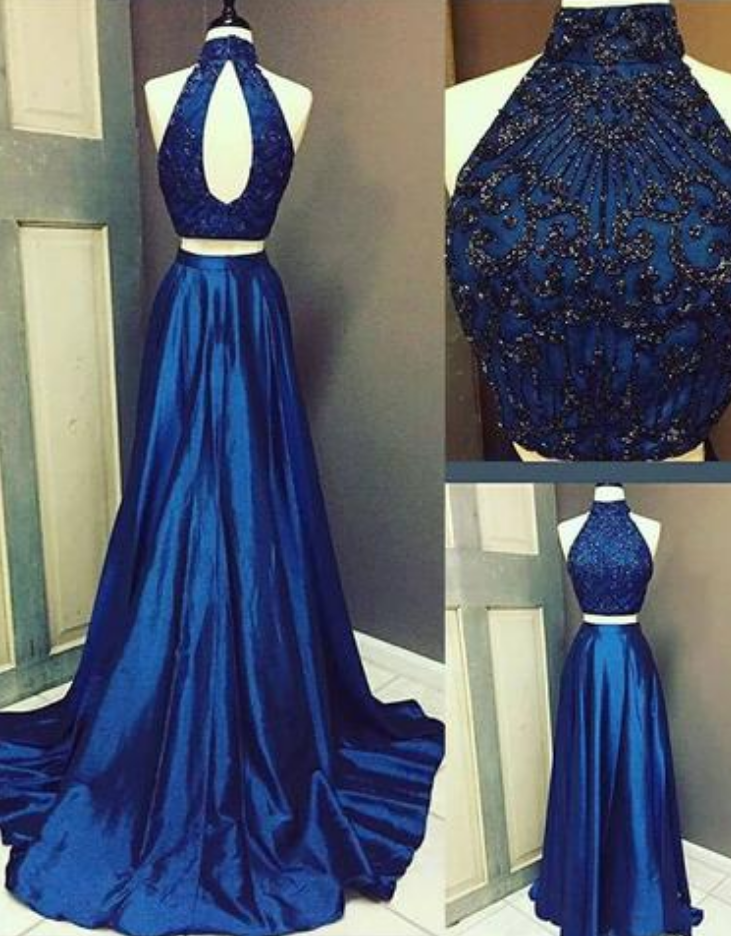 Navy Blue High Neck Long Prom Dress, Two Pieces Evening Dress