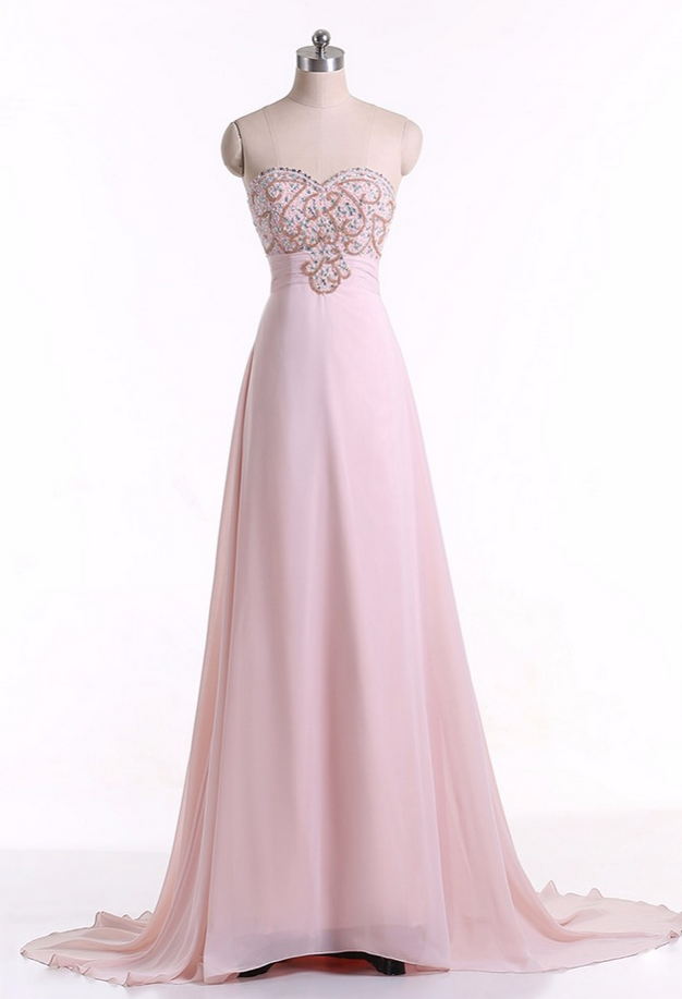 Pink Sweetheart Floor-Length A-Line Prom Evening Dress with Beaded Embellished Bodice