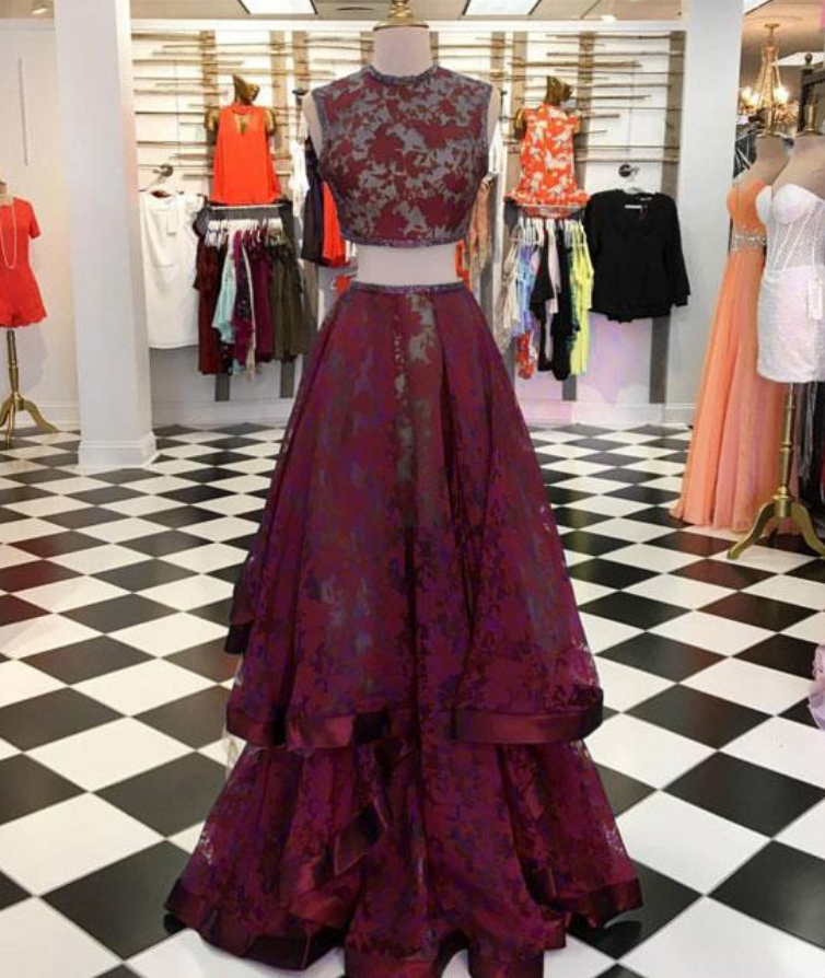 Burgundy Lace Two Pieces Long Prom Dress, Burgundy Evening Dress