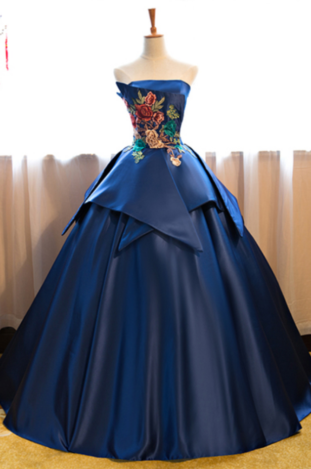 Navy Blue Strapless Long Vintage Prom Dress, Long Customize Evening Dress