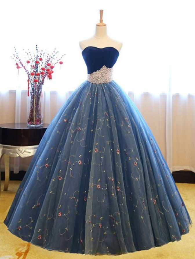 Blue Party Dress Strapless Long Evening Dresses, Applique Prom Dresses , Tulle Formal Dresses