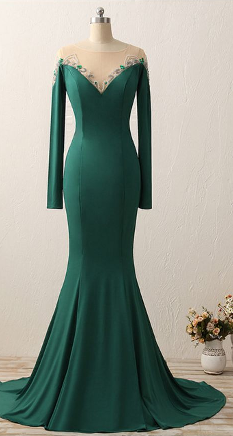 Mermaid Long Sleeves Green Evening Dress,sexy Illusion Back Dark Green Formal Party Dress