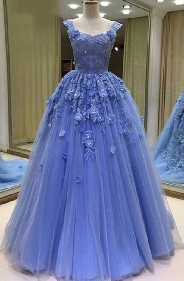 Blue Tulle Sweetheart Prom Dress, 3d Lace Appliques Evening Dress, Floor Length Evening Dress