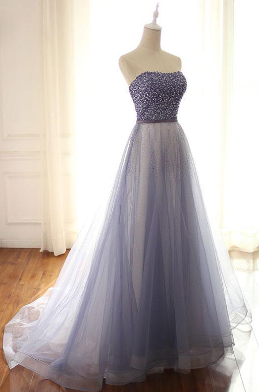 A-Line Strapless Long Lace Evening Prom Dress, Sweetheart Neck Tulle Evening Party Dress