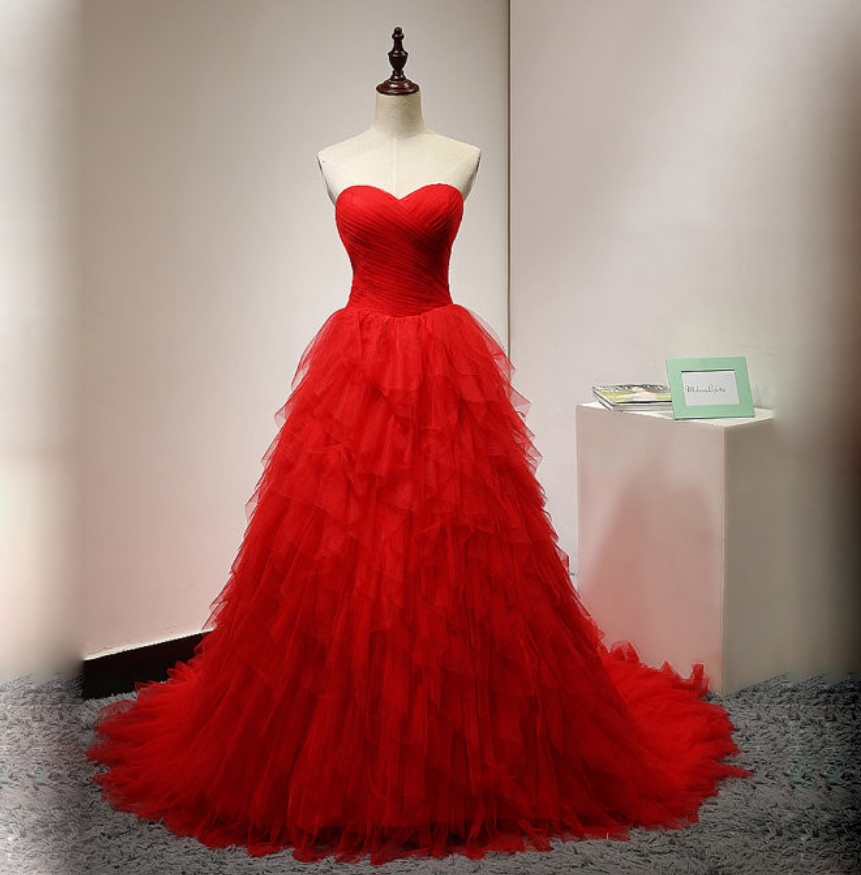 Fashion Lux Red Sweetheart Layered Tulle Ball Gown 2018 Style Fashion Evening Gowns Evening Dress custom Made