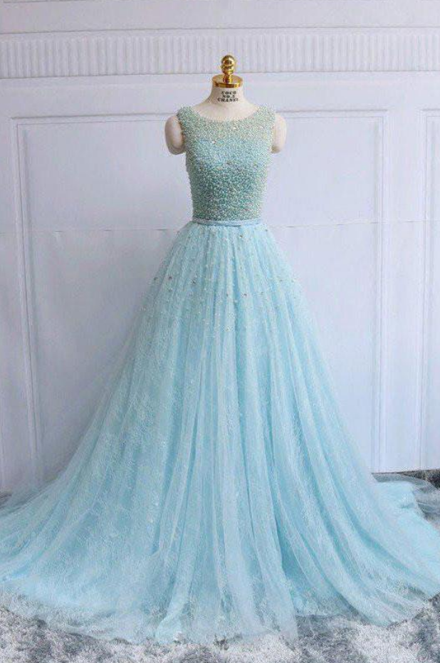 Blue Round Neck Tulle Lace Long Prom Dress, Blue Evening Dress
