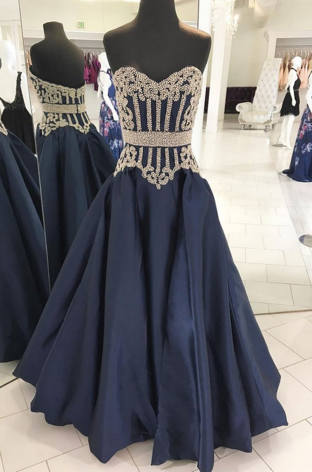 Dark Blue Sweetheart Neck Beads Long Prom Dress, Blue Evening Dress