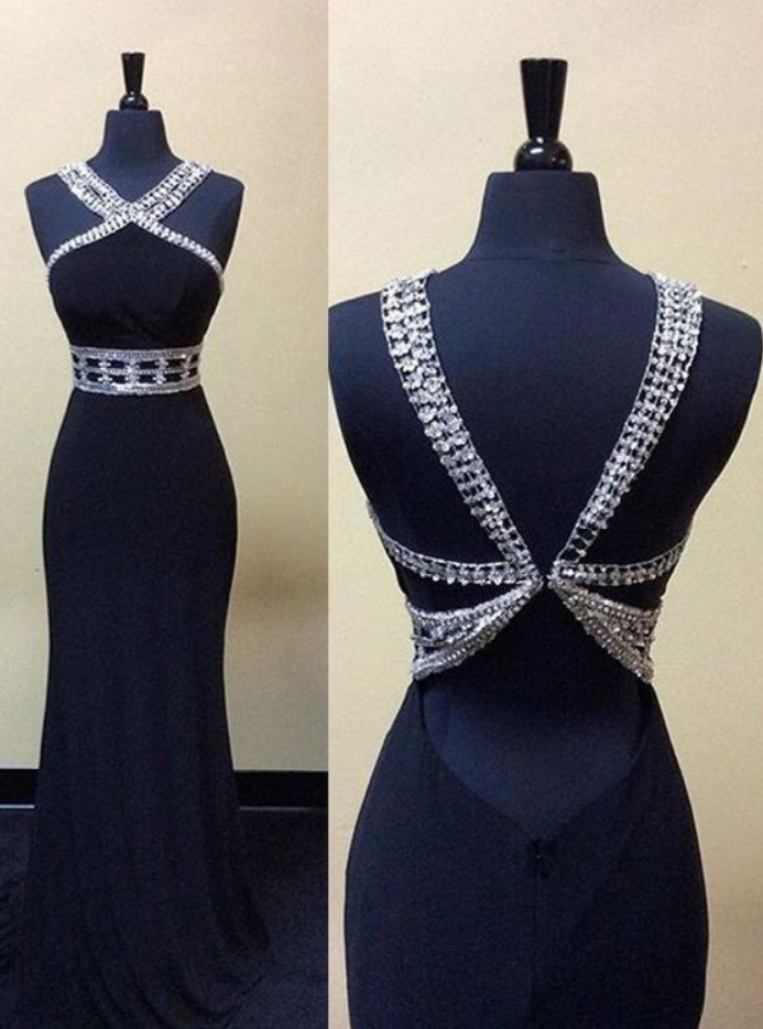  Sexy Mermaid Long Beaded Backless Prom dress-Navy Blue Sleeveless Prom dress,Custom Made,Party Gown,Cheap Evening dress