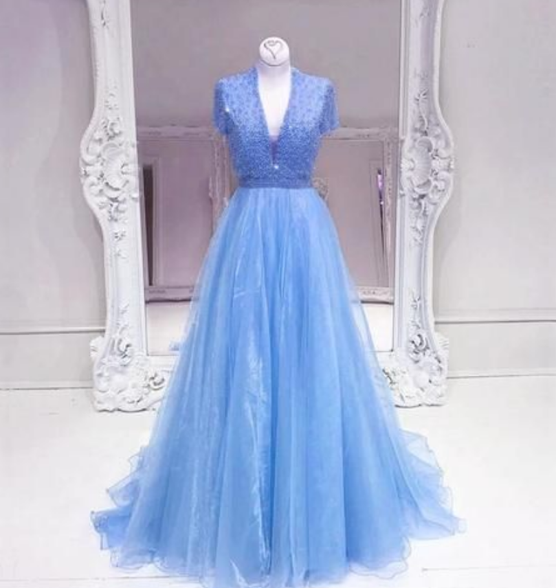 Cap Sleeves V Neck Long Organza Blue Crystal Prom Dresses Ball Gowns,a Line Sky Blue Long Organza Evening Gown ,custom Made,party Gown, Evening