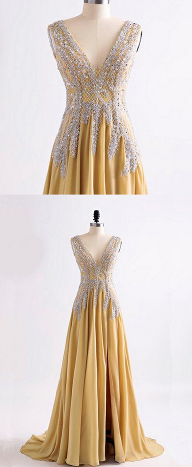 Yellow Satin V Neck Long Open Back Slit Evening Dress, Sequins Long Prom Dress, Evening Dress, Evening Dress,custom Made,party Gown